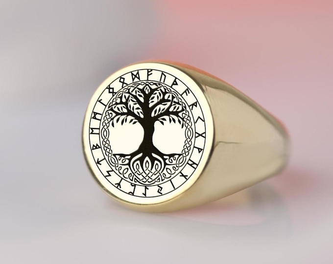 Tree of Life Signet Ring – Gold-Plated 925 Sterling Silver with Nordic Runes