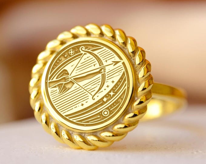 Gold Sagittarius Ring: 925 Sterling Silver Zodiac Signet, Wanderlust Jewelry
