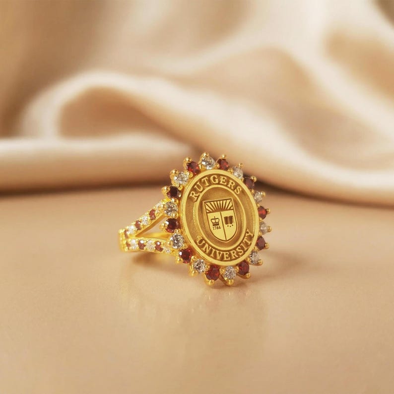 Gold Crest Class Ring • University Alumni Ring With White CZ • Custom ...
