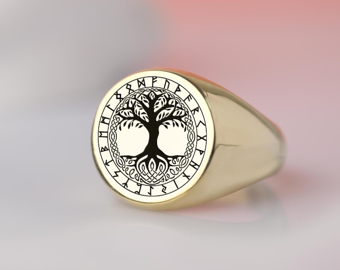 Tree of Life Ring with Nordic Runes – Symbolic Family Roots Signet Ring, Gold-Plated Handmade Gift for Spiritual Connection