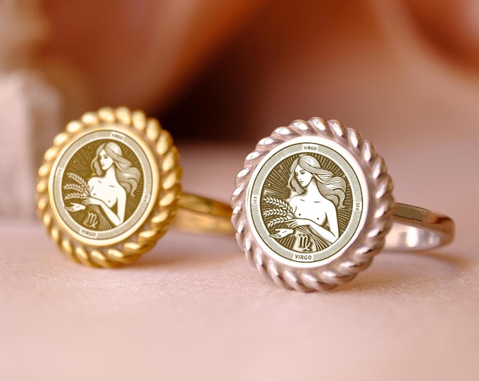 Gold Plated Virgo Signet Ring: Hand-Engraved Sterling Silver Astrology Jewelry