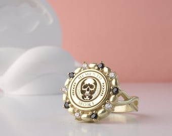 Memento Mori Skull Ring – 925 Gold Plated Gothic Signet Ring with Black & White Stones – Stoic Reminder Gift for Him or Her