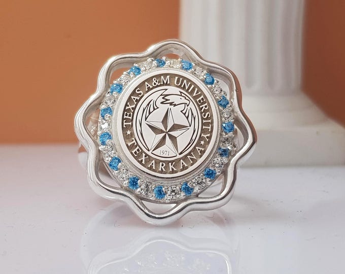 Floral Halo Class Ring: Sterling Silver, Blue CZ, Custom Crest