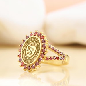 University Class Ring • Ruby Halo, Crest, Personalized Graduation Gift