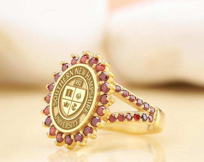 University Class Ring • Ruby Halo, Crest, Personalized Graduation Gift