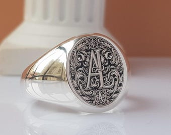 Victorian Monogram Signet Ring: Custom Sterling Silver Initial Jewelry