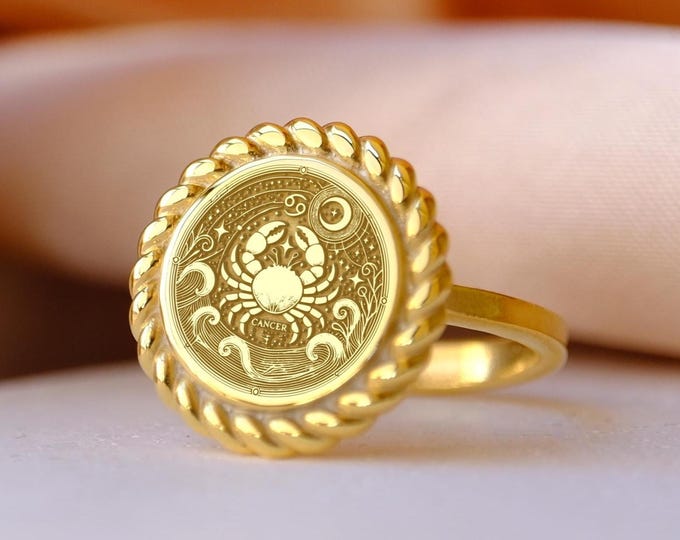 Gold Plated Cancer Zodiac Signet Ring: Hand Engraved Sterling Silver