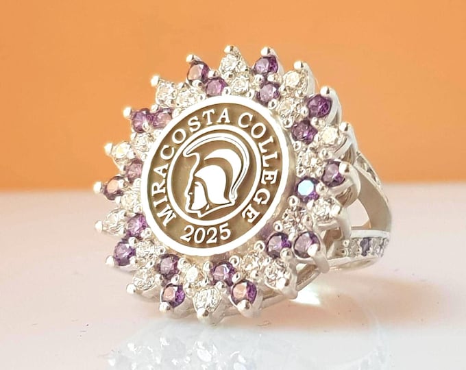 Amethyst Crest Halo Ring, Sterling Split-Shank Signet with Purple & White Gems, Custom Logo Graduation Keepsake, Alumni Gift