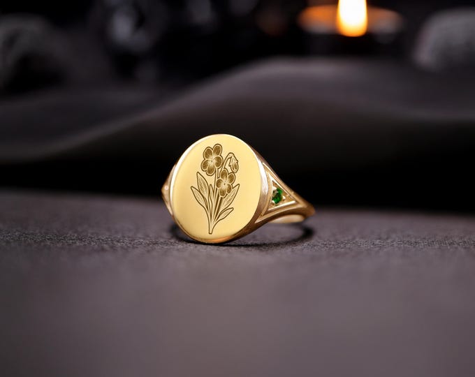 February Birth Flower Ring: Engraved Violet, Amethyst & Sterling Silver