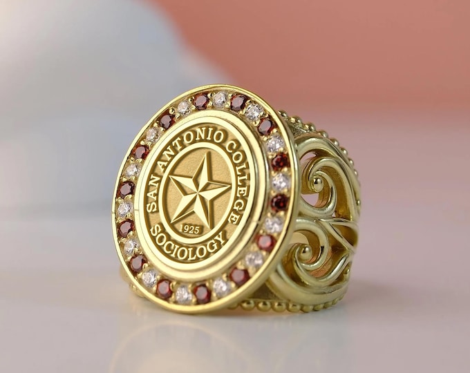 Personalized Sociology Graduation Ring: Sterling Silver, CZ Gem Halo