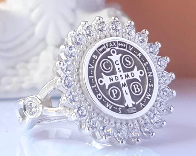 St. Benedict Ring: 925 Silver CZ Halo Cross - Catholic Protection