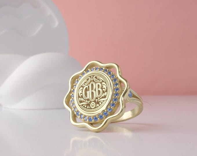 Custom Monogram Signet Ring: Gold Plated Sterling Silver, Blue CZ
