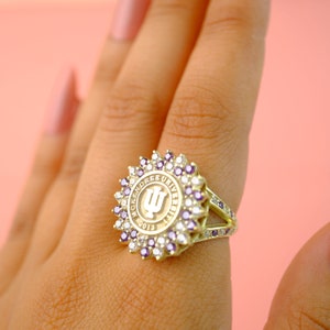 May include: A gold-colored ring featuring the text "WOKENDREE UNIVERSITY" and the year "2013". The ring has a circular design with a central emblem and is adorned with white and purple gemstones. The ring is on a finger.