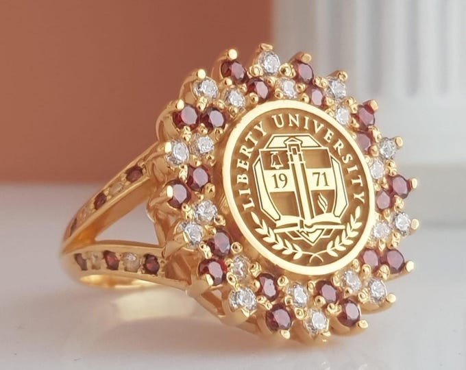 Gold University Emblem Graduation Ring: Custom Birthstone Class Ring