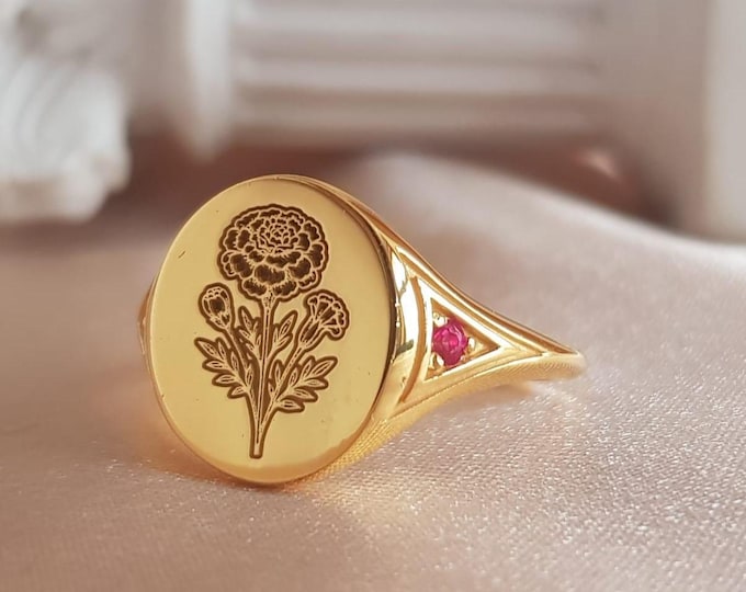 Marigold Signet Ring: October Birth Flower, Custom Engraved Sterling Silver