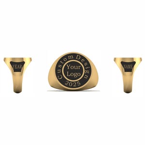May include: A gold-toned signet ring featuring a circular black inlay on the face with the text Custom Design, Your Logo, and 2025. The side views of the ring show a black triangular inlay on the band with the text YEAR on one and NAME on the other.