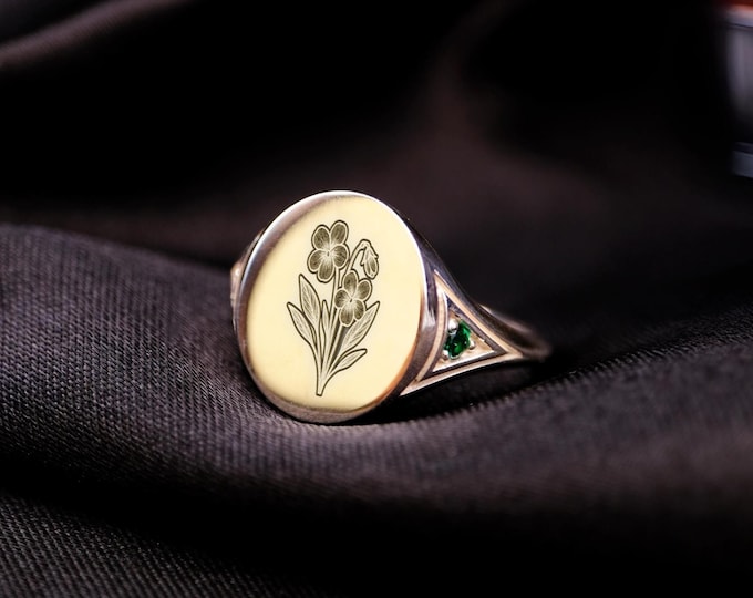 February Birth Flower Ring: Engraved Violet, Amethyst & Sterling Silver