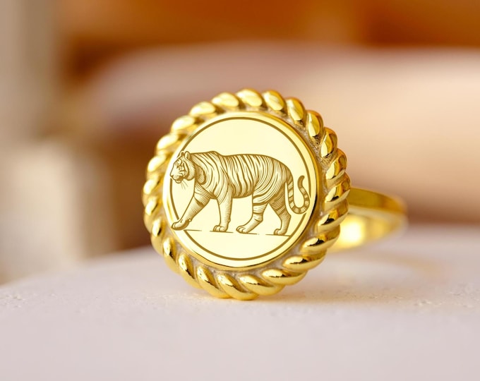 Gold Tiger Signet Ring: 925 Sterling Silver Animal Jewelry