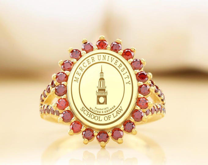 Law School Graduation Ring: Red CZ Gold Signet, Custom Engraving