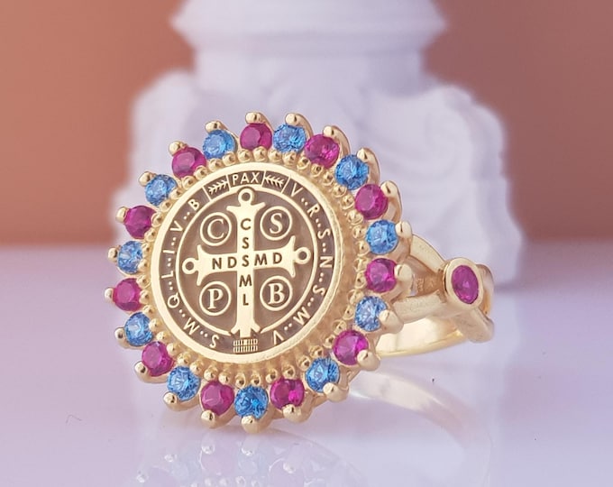 Gold St Benedict Medal Ring: Ruby & Topaz CZ, 925 Silver Faith Jewelry