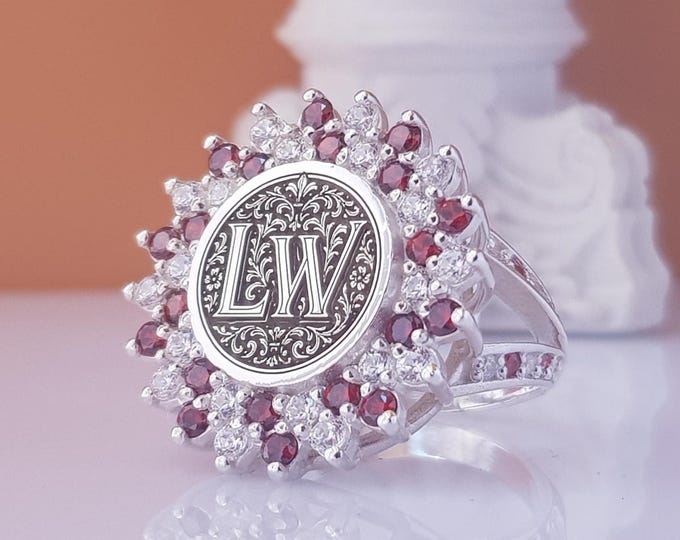 Custom Monogram Garnet Halo Ring: Sterling Silver Victorian Initial Jewelry