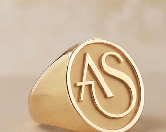Initial Signet Ring: Personalized Solid Gold or 925 Sterling Silver Monogram Ring