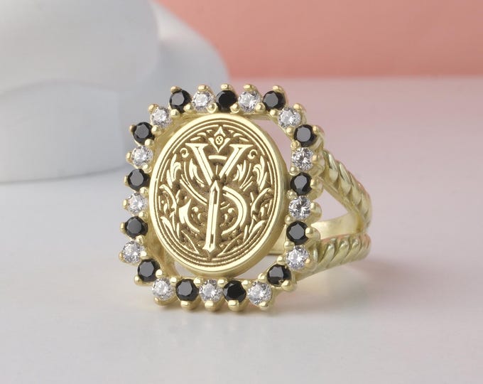 Monogram Gold Ring with Custom Gemstone: Personalized Jewelry