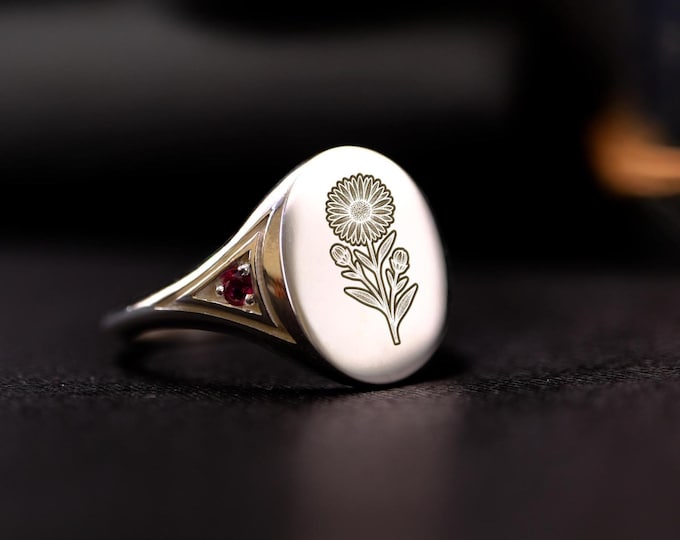 Aster Flower Signet Ring: September Birthstone, Custom Engraved