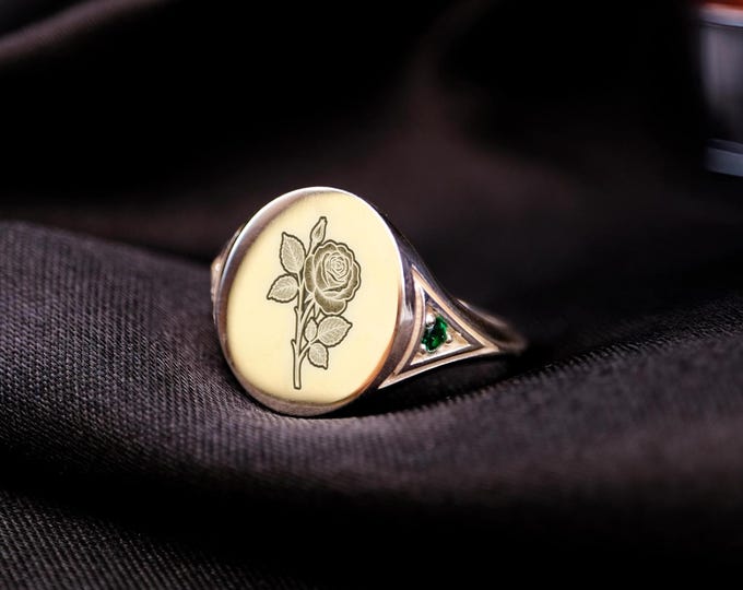 Rose Signet Ring: June Birth Flower, Custom Sterling Silver
