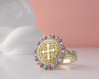 Color-Pop Benedict Medal Ring, Gold Halo Signet w Pink & Blue Gems, Trendy Faith Talisman, Festival Layering Jewelry Gift