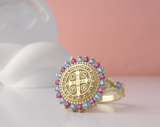 Color-Pop Benedict Medal Ring: Gold Halo, Pink & Blue Gems