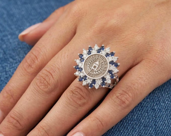 Blue Sapphire Diamond Halo Signet Ring | Custom Crest Graduation Jewelry