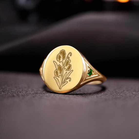 アクセサリー Signet Ring with Flower / White 925 Sweet Pea Flower Ring: Sterling Silver Birth Flower Signet With