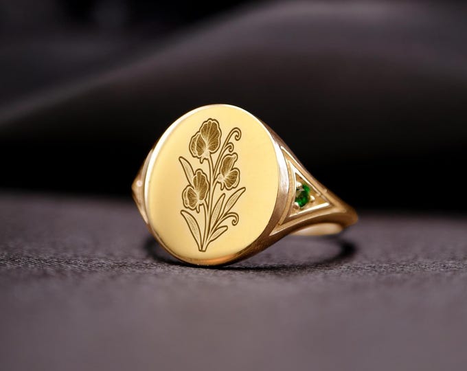 Sweet Pea Flower Ring: Sterling Silver Signet with Emerald CZ