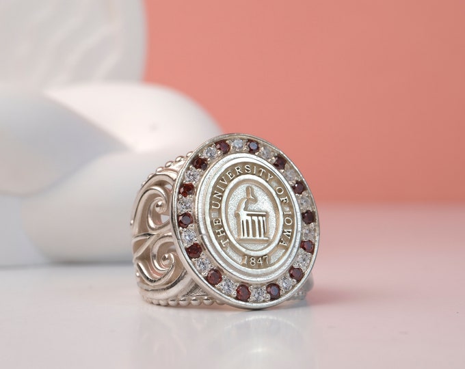 Silver College Class Ring • Graduation Gift 2024 for Her • Vintage Style Signet Ring • Custom University Jewelry