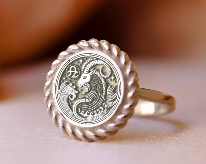 Capricorn Zodiac Signet Ring: Sterling Silver Sea-Goat Jewelry