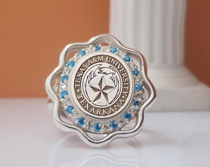 Floral Halo Class Ring: Sterling Silver, Blue CZ, Custom Crest