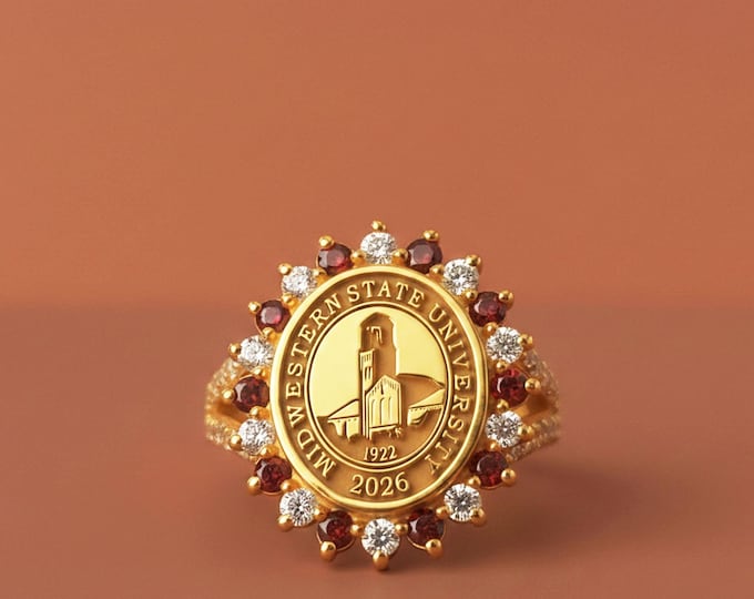2026 Graduation Signet Ring | Garnet & Diamond Halo, Custom College Jewelry