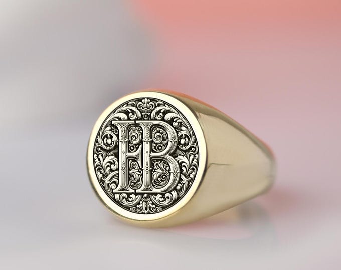 Victorian Monogram Ring – Custom Baroque Initial Signet Ring – Gold Family Crest Jewelry