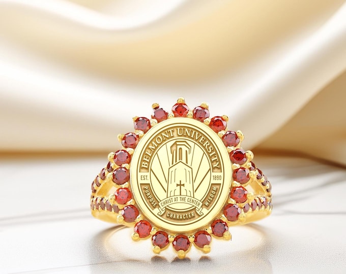 Custom Graduation Ring: Red CZ Halo, Personalized Alumni Gift