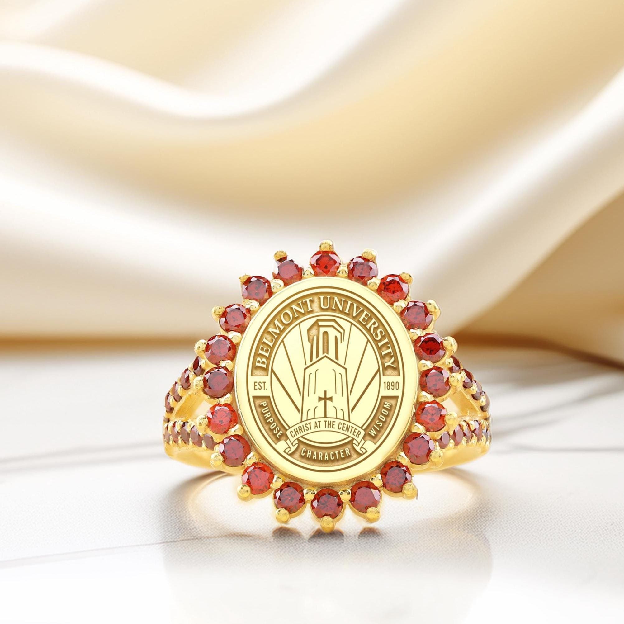 Custom Graduation Ring: Red CZ Halo, Personalized Alumni Gift