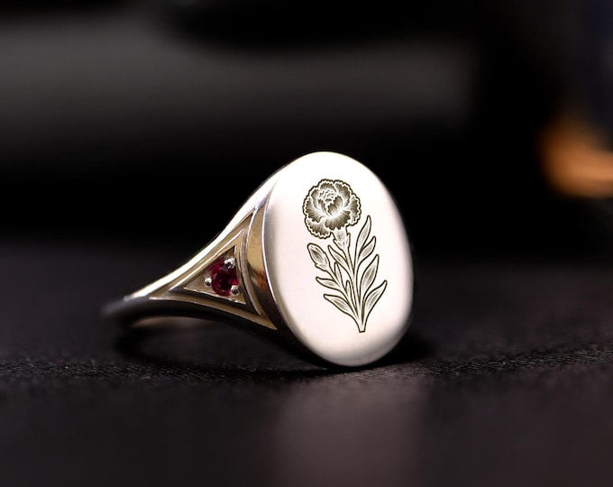 Carnation Flower Ring: Custom Engraved Sterling Silver Birthstone Signet