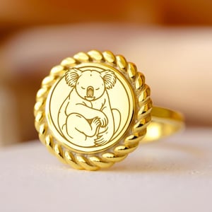 Gold Plated Koala Signet Ring: Hand Engraved Sterling Silver Animal Jewelry