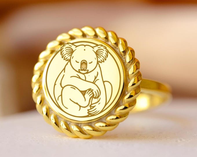 Gold Plated Koala Signet Ring: Hand Engraved Sterling Silver Animal Jewelry