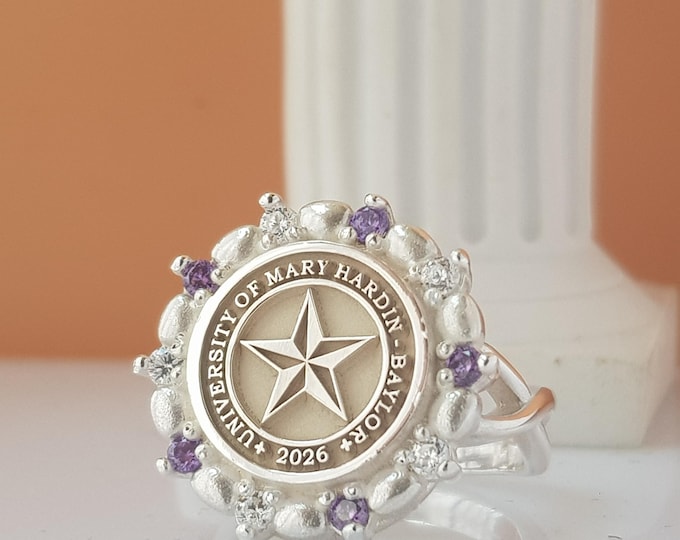 Custom College Crest Ring: Sterling Silver, Blue Gem Halo, Personalized Grad Gift