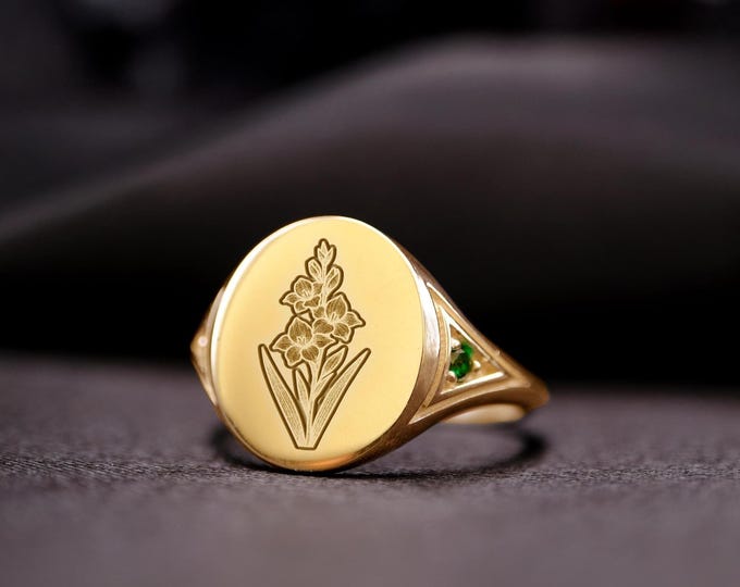 Gladiolus Signet Ring: August Birth Flower, Custom Engraving