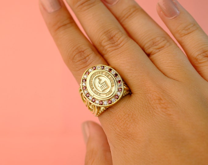 Custom 2025 Graduation Ring · Red & White Halo Signet · Law School or Faculty Honor Ring Gift
