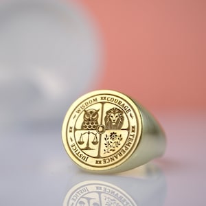 Customizable Gold Virtues Signet Ring: Wisdom, Courage, Justice, Temperance