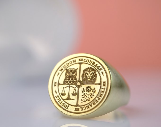 Customizable Gold Virtues Signet Ring: Wisdom, Courage, Justice, Temperance