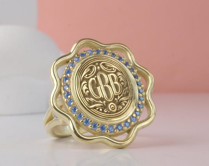 Custom Monogram Signet Ring: Gold Plated Sterling Silver, Blue CZ